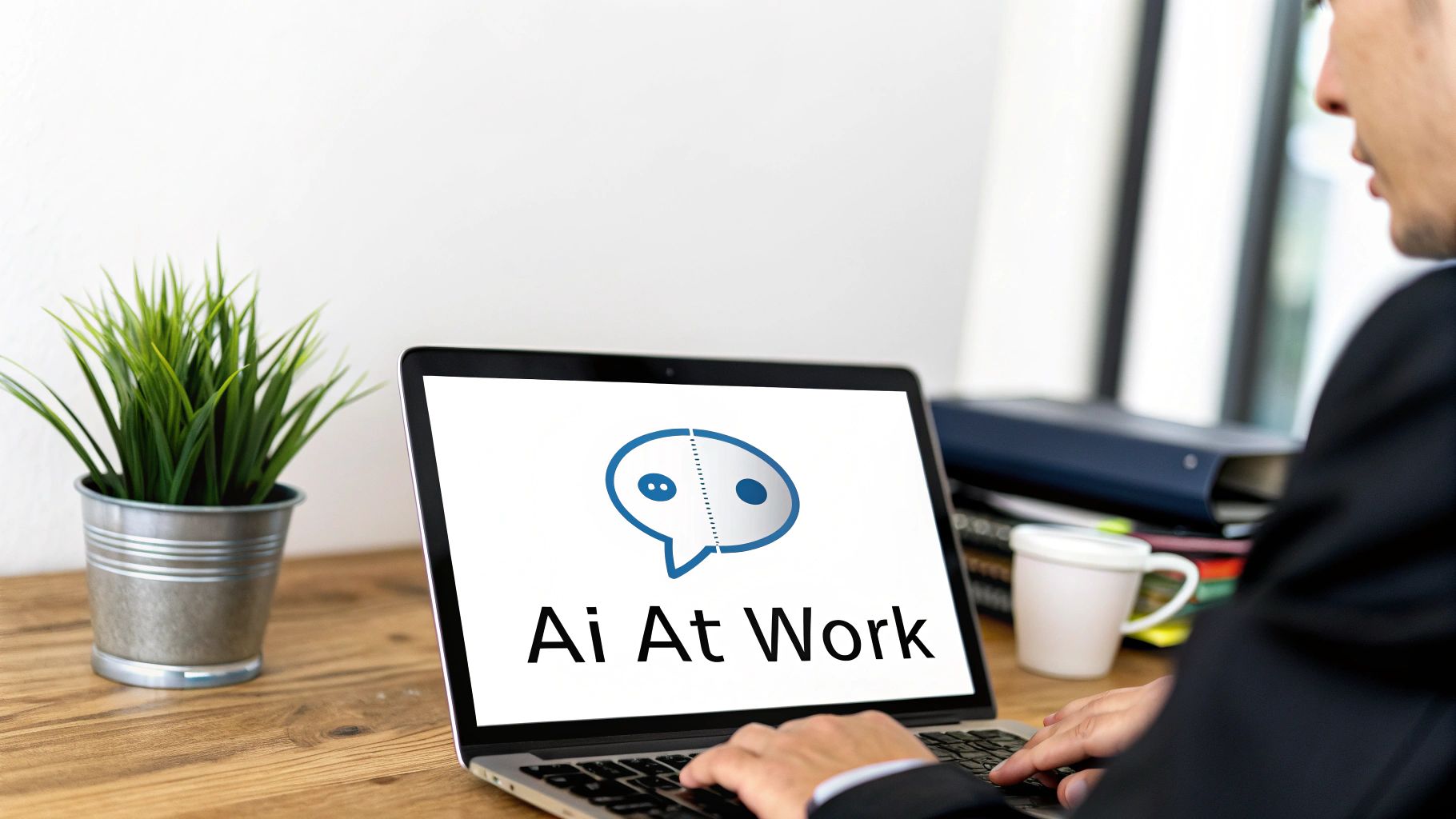 A businessman types on a laptop displaying 'Ai At Work' text and a chat bot logo.