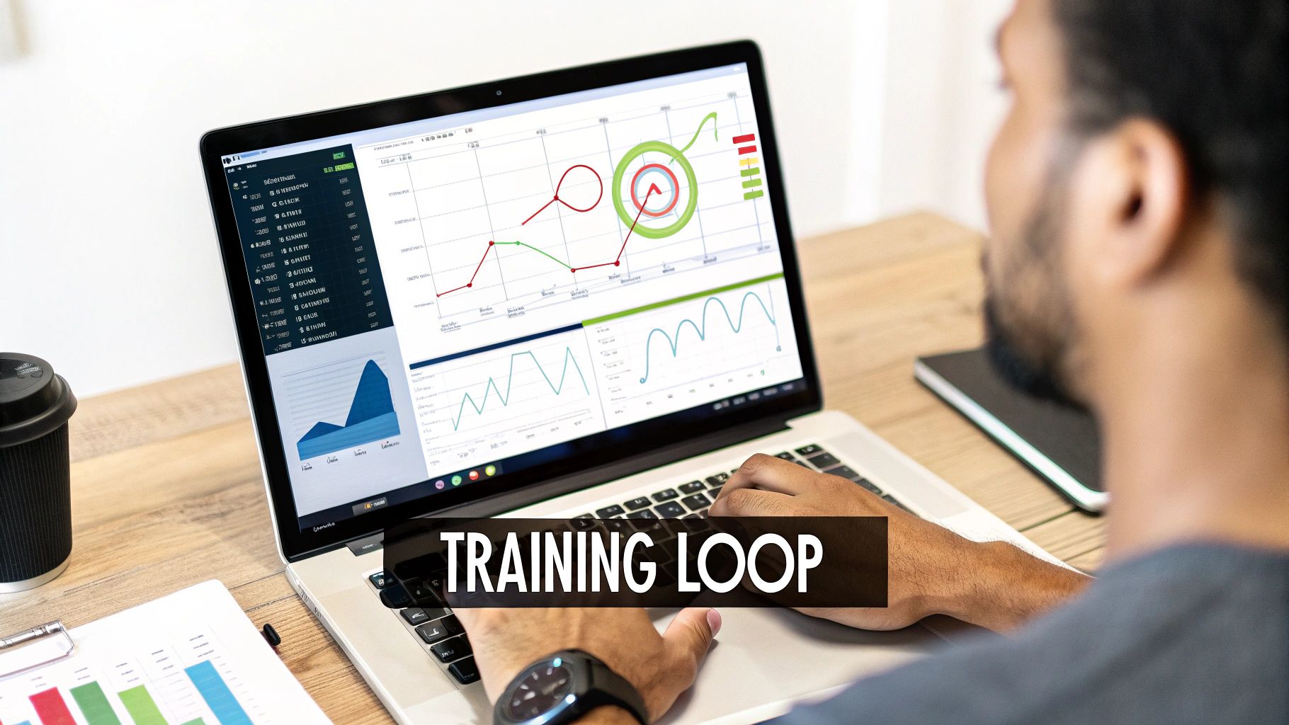 Person analyzing machine learning training loop data and performance metrics on laptop dashboard