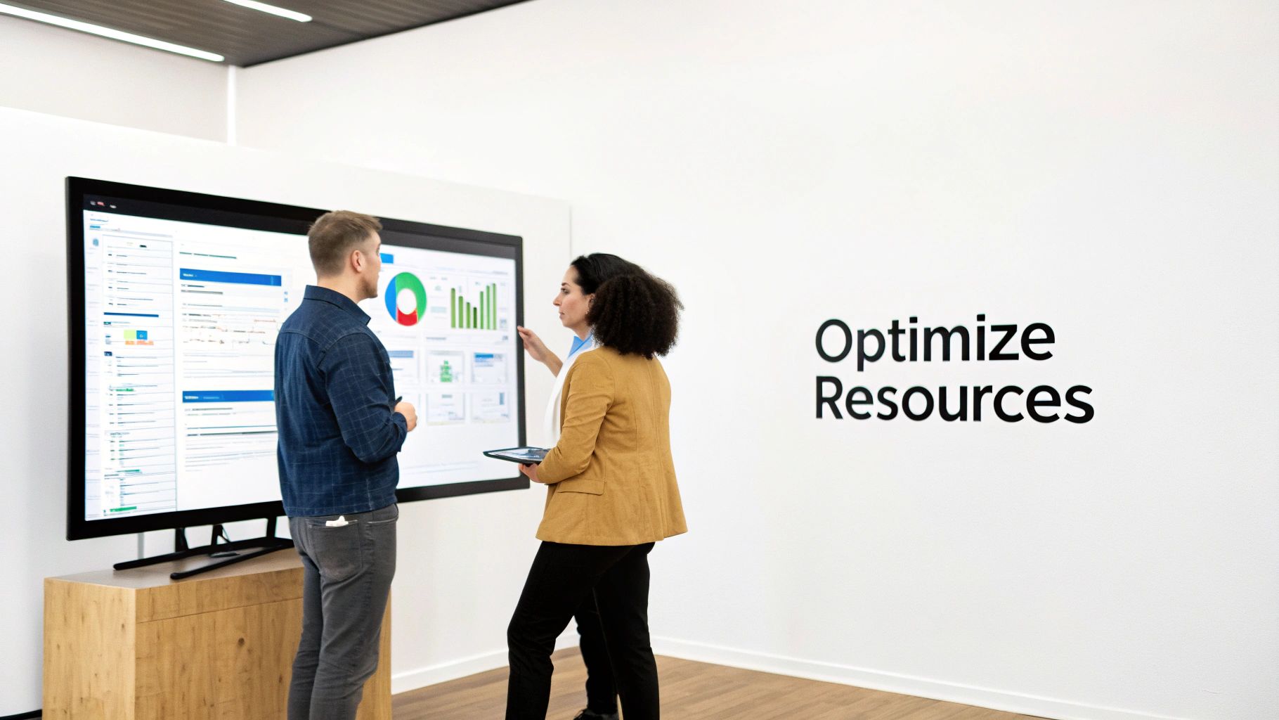 Two professionals analyze charts and data on a large screen, with “Optimize Resources” on the wall.