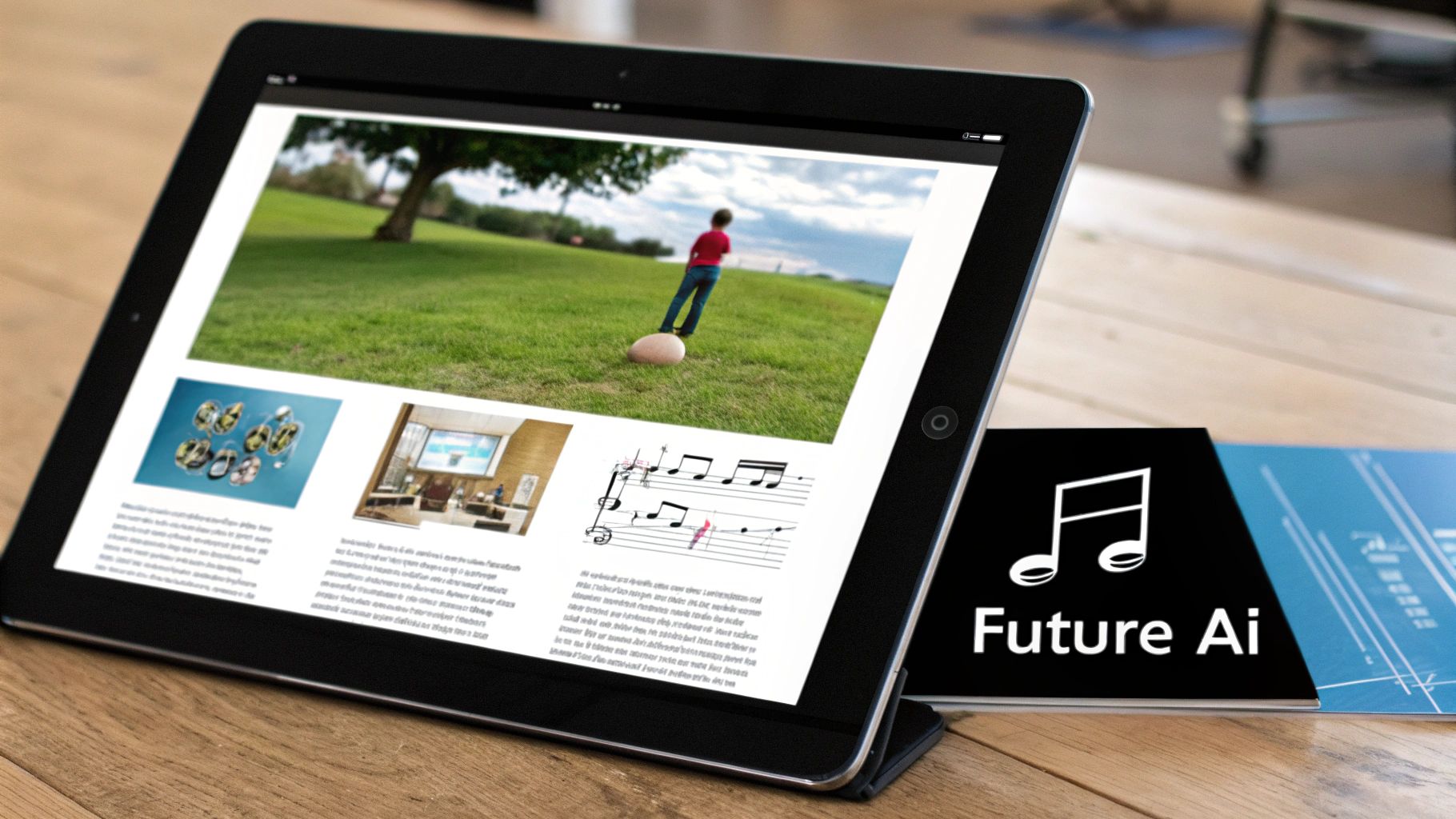 A tablet on a wooden table displays various images, including a field with a person, next to a 'Future Ai' book.
