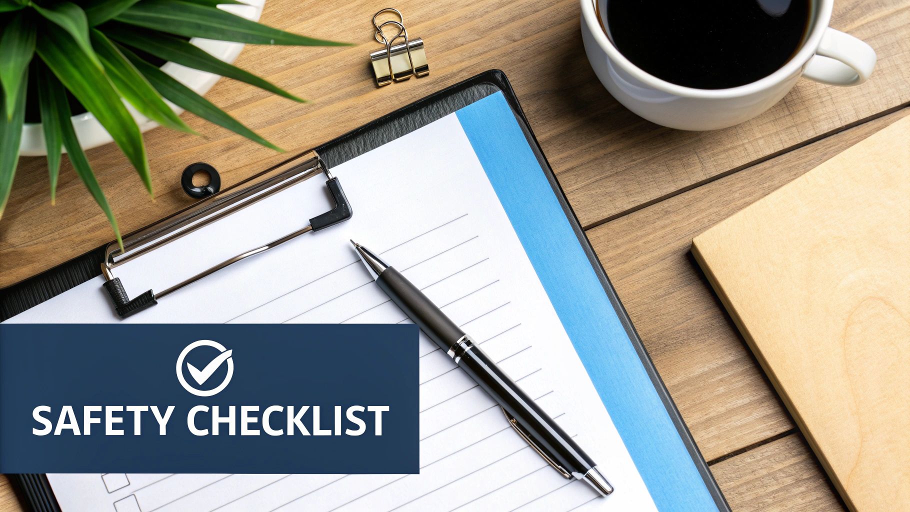 A flat lay of a desk with a safety checklist on a clipboard, a pen, coffee, and a plant.