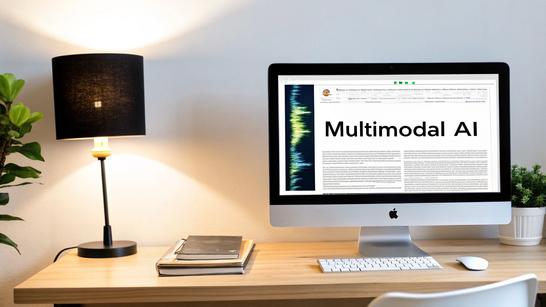 A modern desk setup featuring an iMac displaying 'Multimodal AI', with a lamp, notebooks, and a plant.