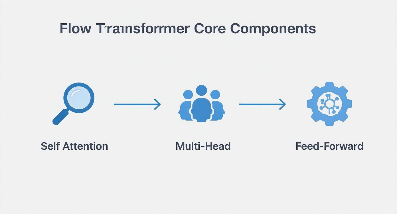 Diagram showing Flow Transformer core components: Self Attention, Multi-Head, and Feed-Forward.
