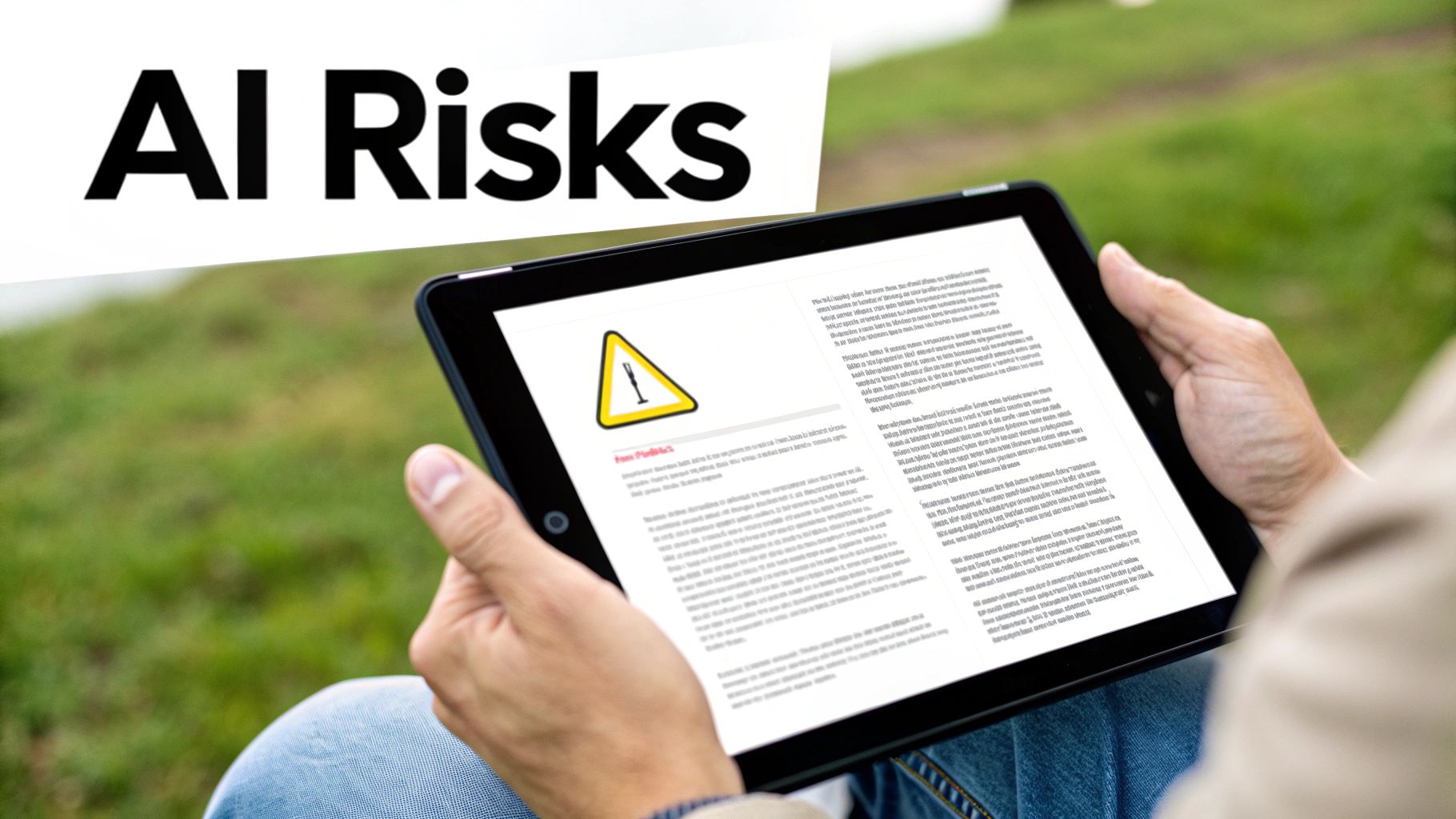 A person holds a tablet displaying an article about AI risks, with 'AI Risks' text in the background.