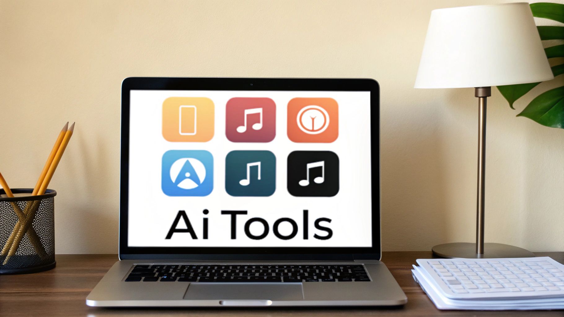 A laptop displaying 'Ai Tools' apps on a desk with pencils, a lamp, and papers.