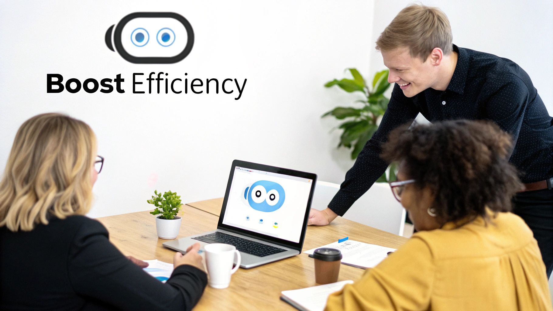 A team of business professionals working collaboratively in a modern office with AI-driven data visualizations on screens around them.