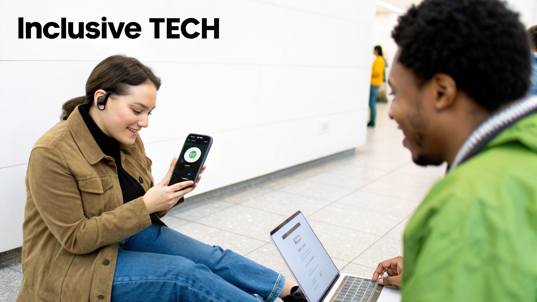 A young woman wearing an earbud looks at her phone next to a man using a laptop, showcasing inclusive tech.