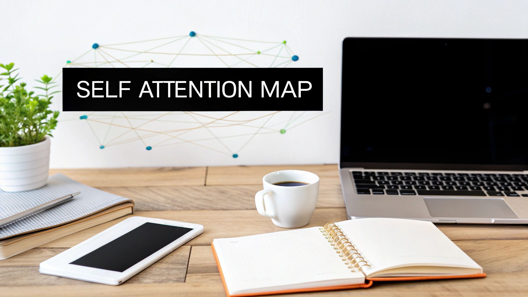 Self attention map visualization on computer monitor with laptop, notebook, and coffee on wooden desk