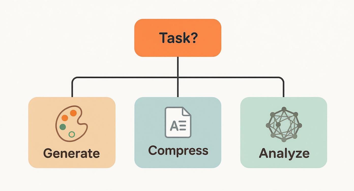 Flowchart showing three task options: generate with palette icon, compress with document icon, and analyze with network diagram
