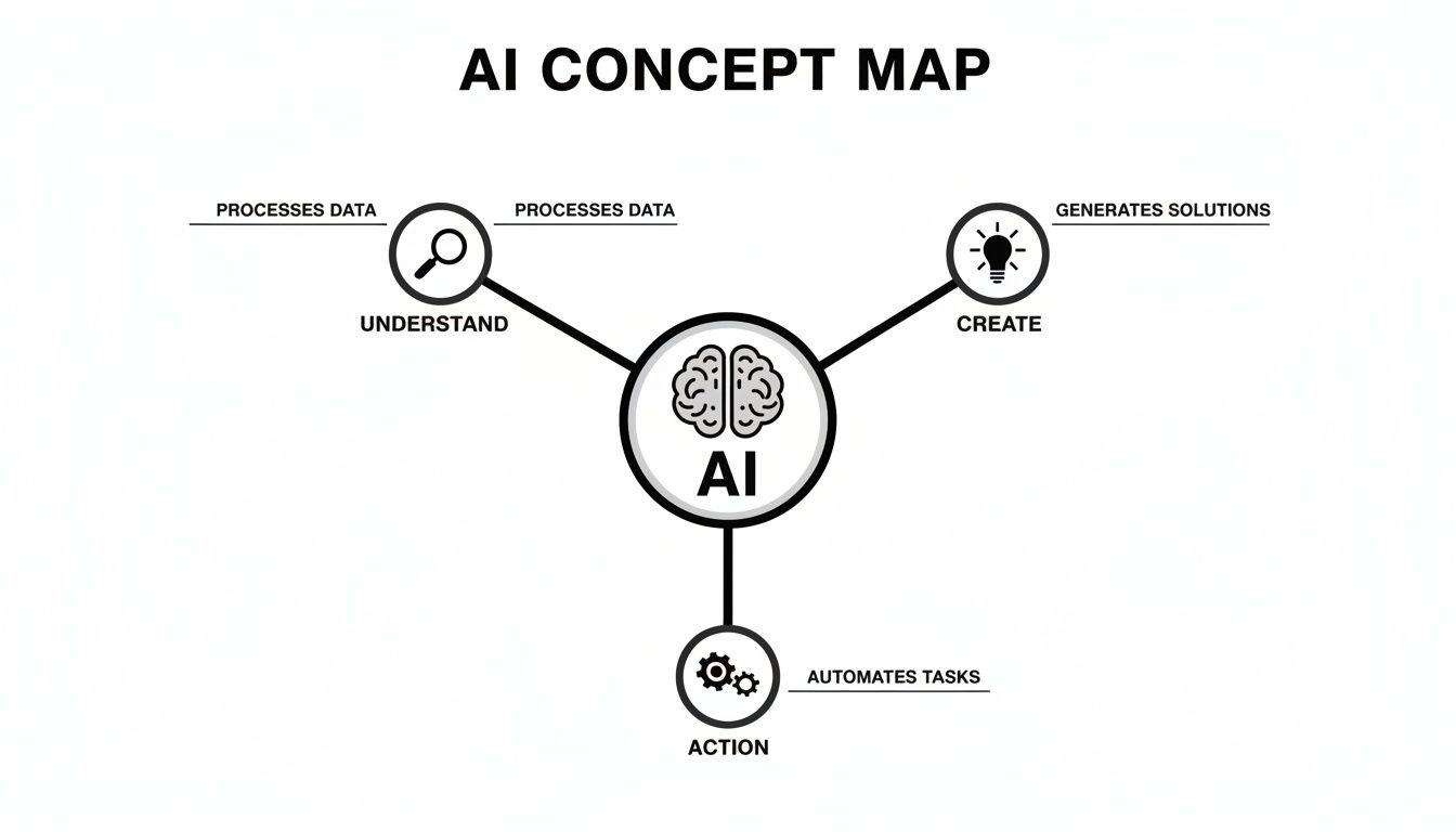 A concept map illustrating AI's core functions: understanding, creating, and acting, with related processes.