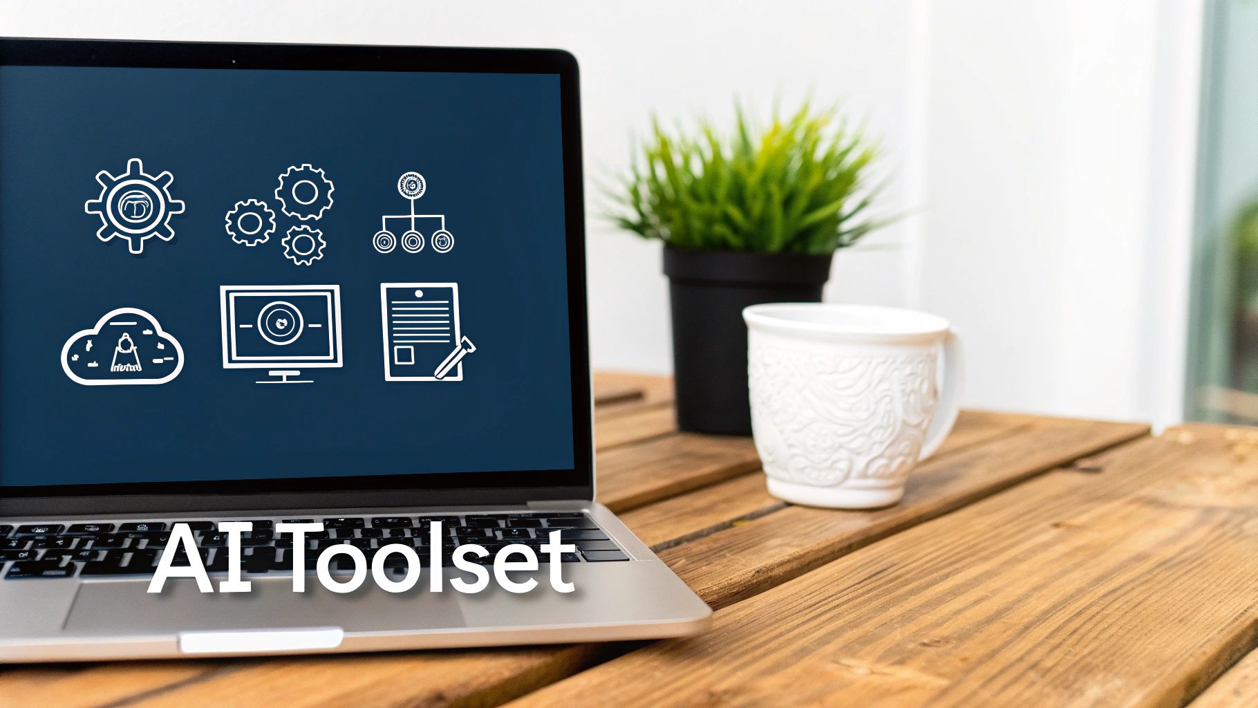Laptop screen displaying AI toolset icons and text, with a plant and mug on a wooden table.