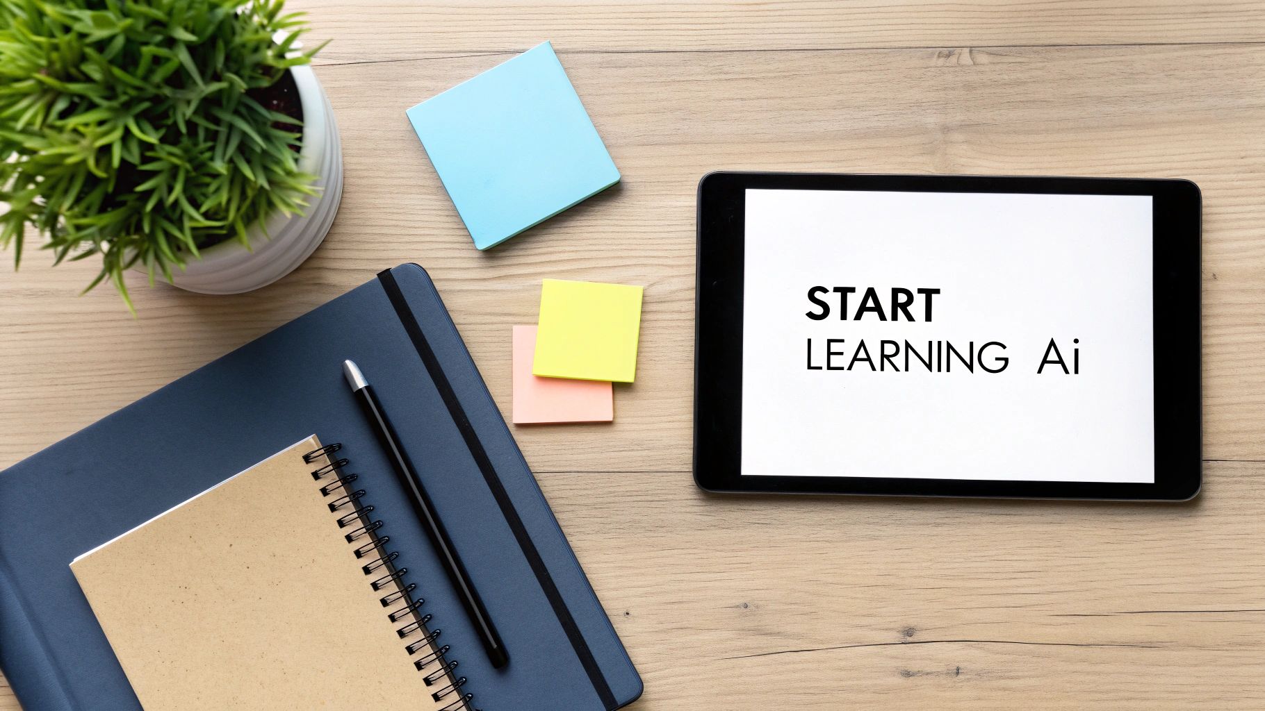 Flat lay of a desk with a plant, notebooks, pen, sticky notes, and a tablet with 'START LEARNING Ai' text.