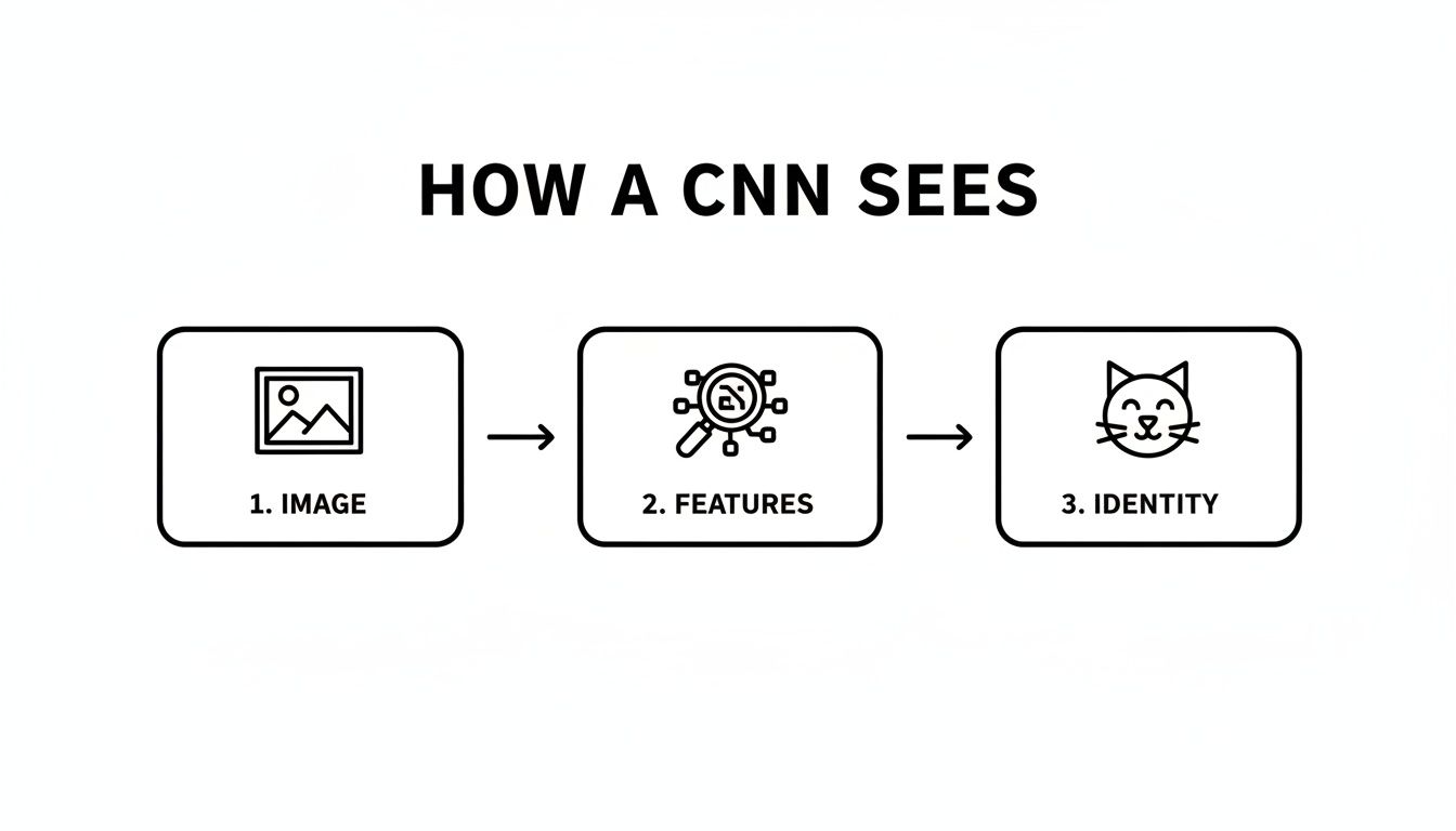 Flowchart illustrating how a CNN processes an image, extracting features to identify an object like a cat.