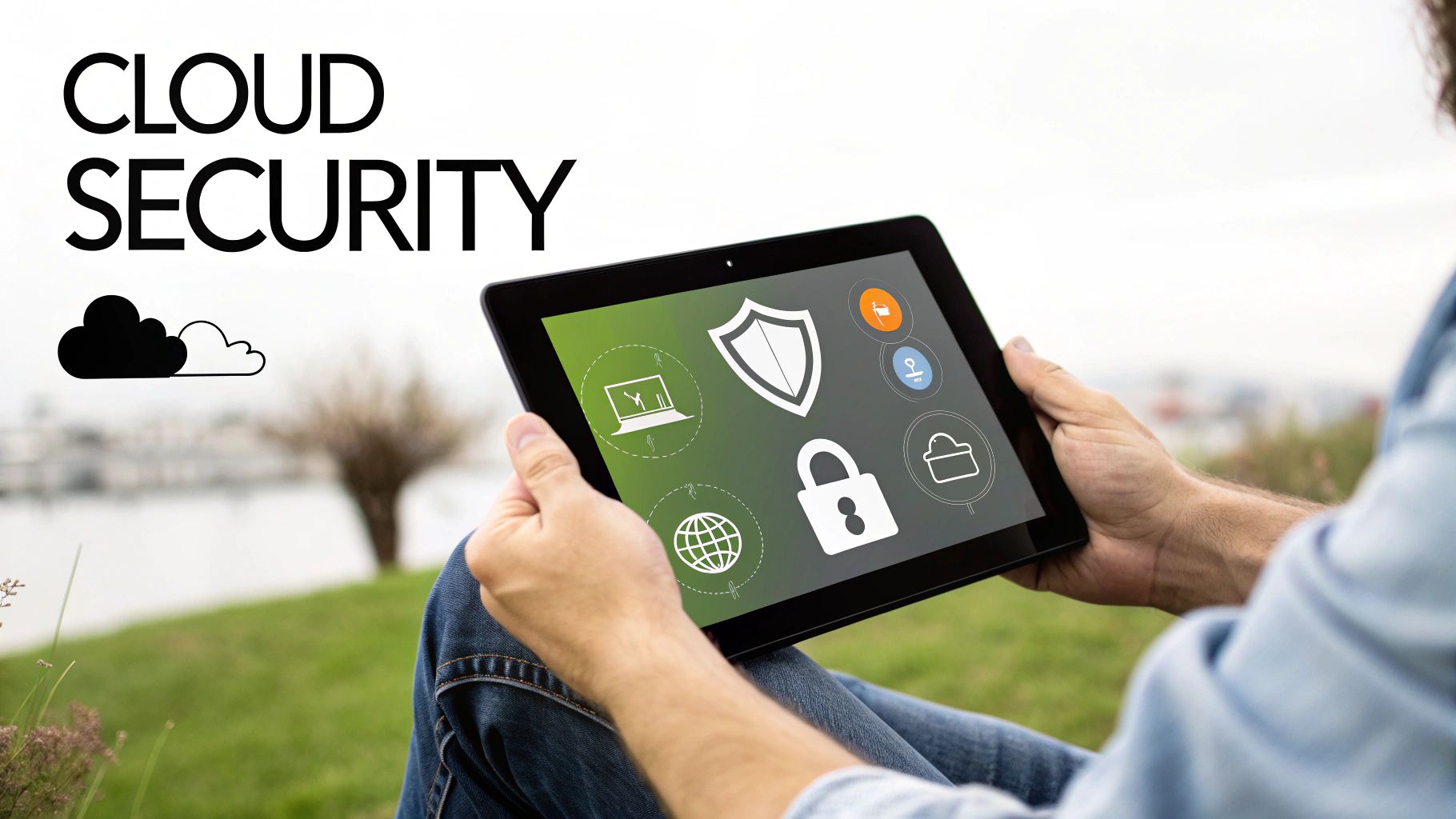 A person holds a tablet displaying cloud security icons like a shield, padlock, and laptop, illustrating data protection.