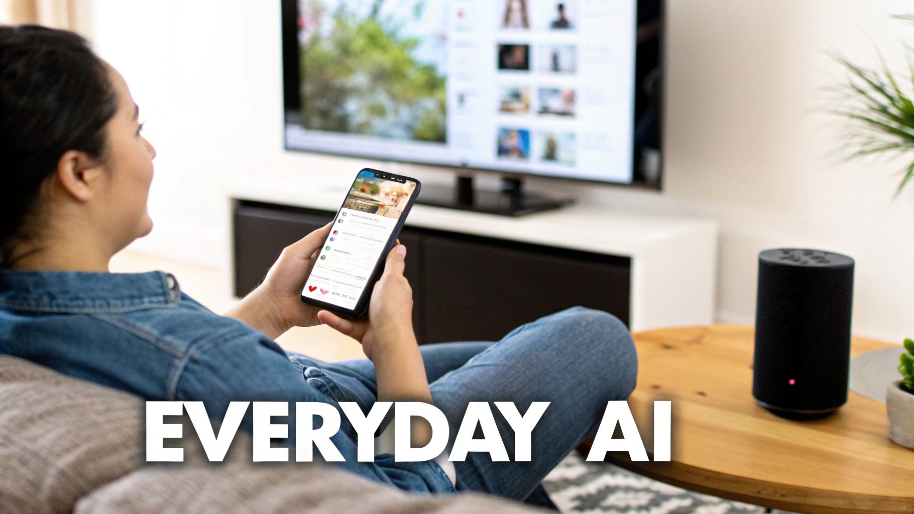 A person on a couch uses a smartphone next to a smart speaker and TV, illustrating everyday AI.