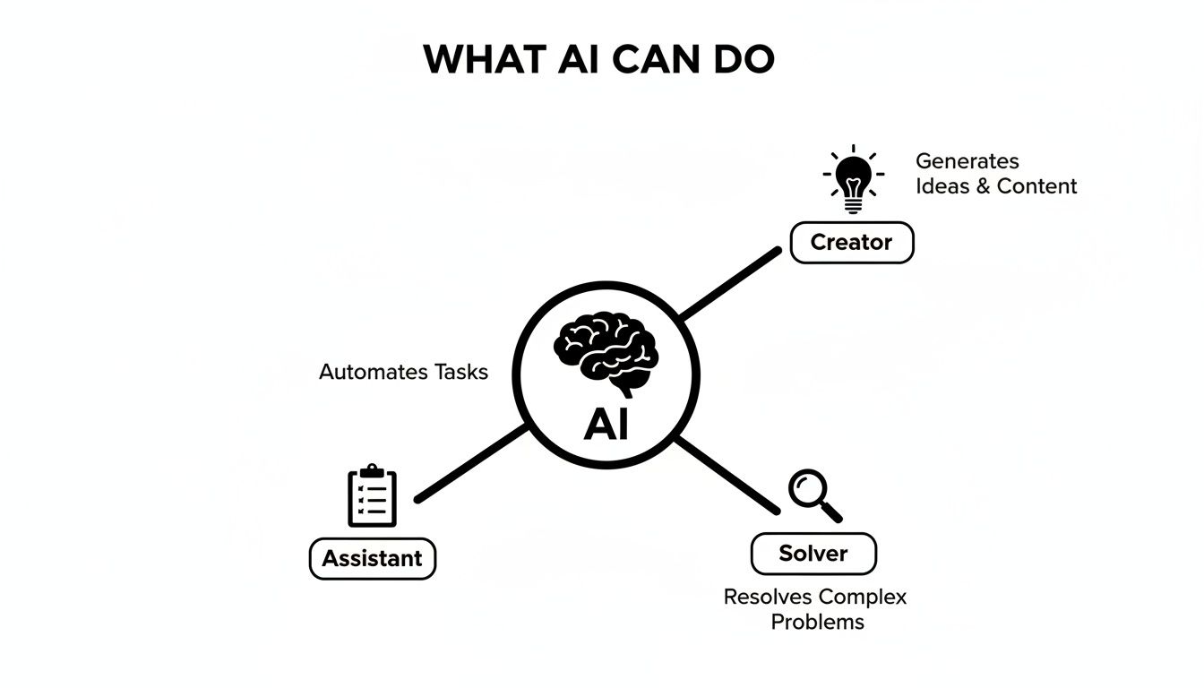 A diagram illustrating what AI can do, categorizing its functions as Creator, Assistant, and Solver.