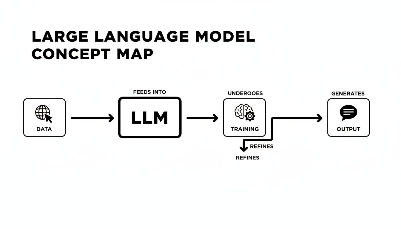 Flowchart showing the data input, LLM, training, and output generation process.