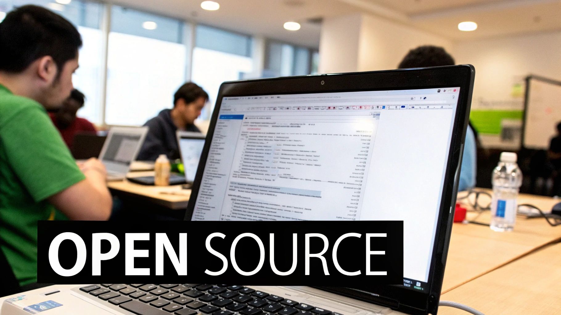 Students and professionals work on laptops in a modern tech environment with 'OPEN SOURCE' text.