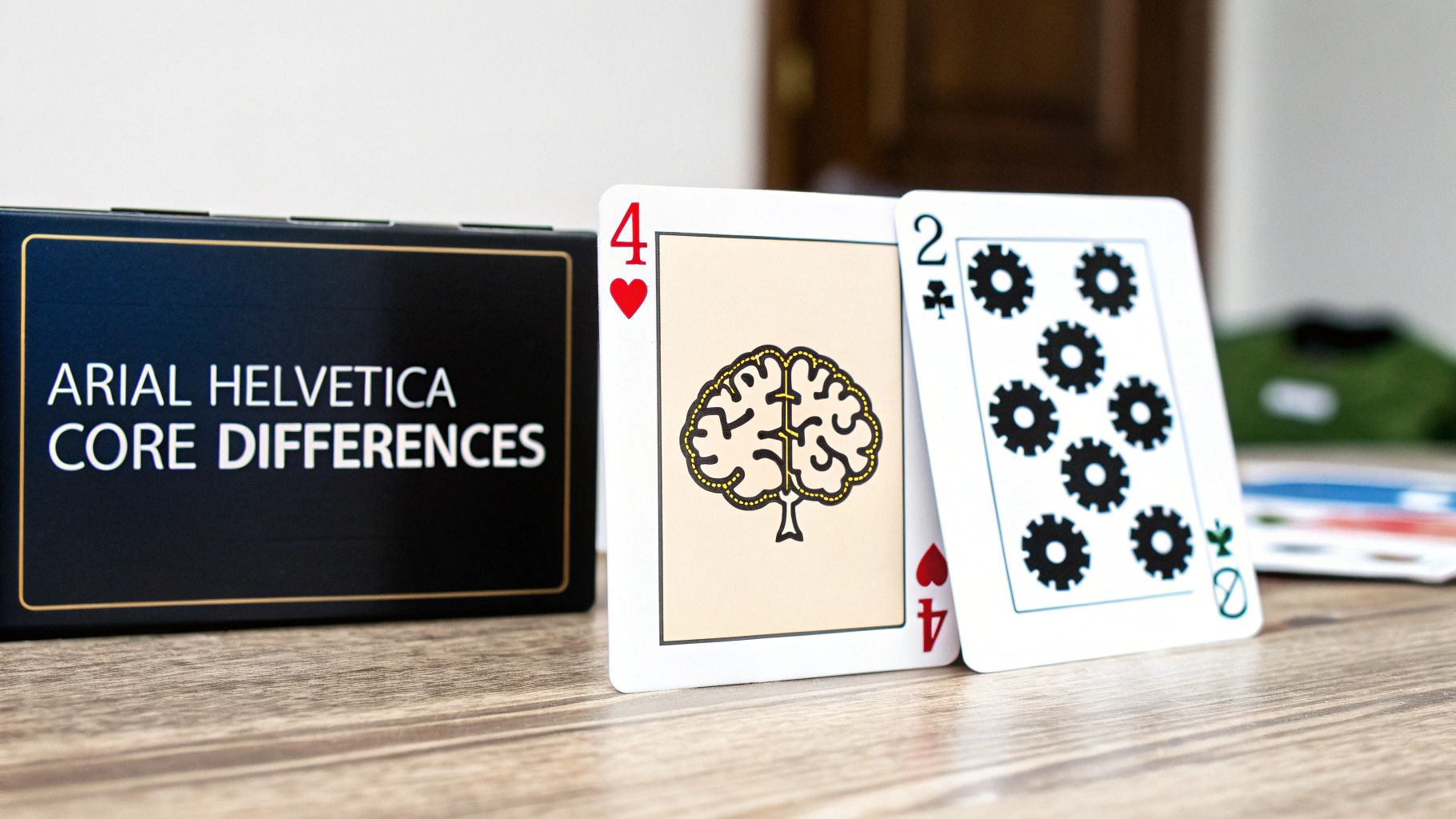 A black box labeled "Arial Helvetica Core Differences" next to two playing cards on a wooden table.
