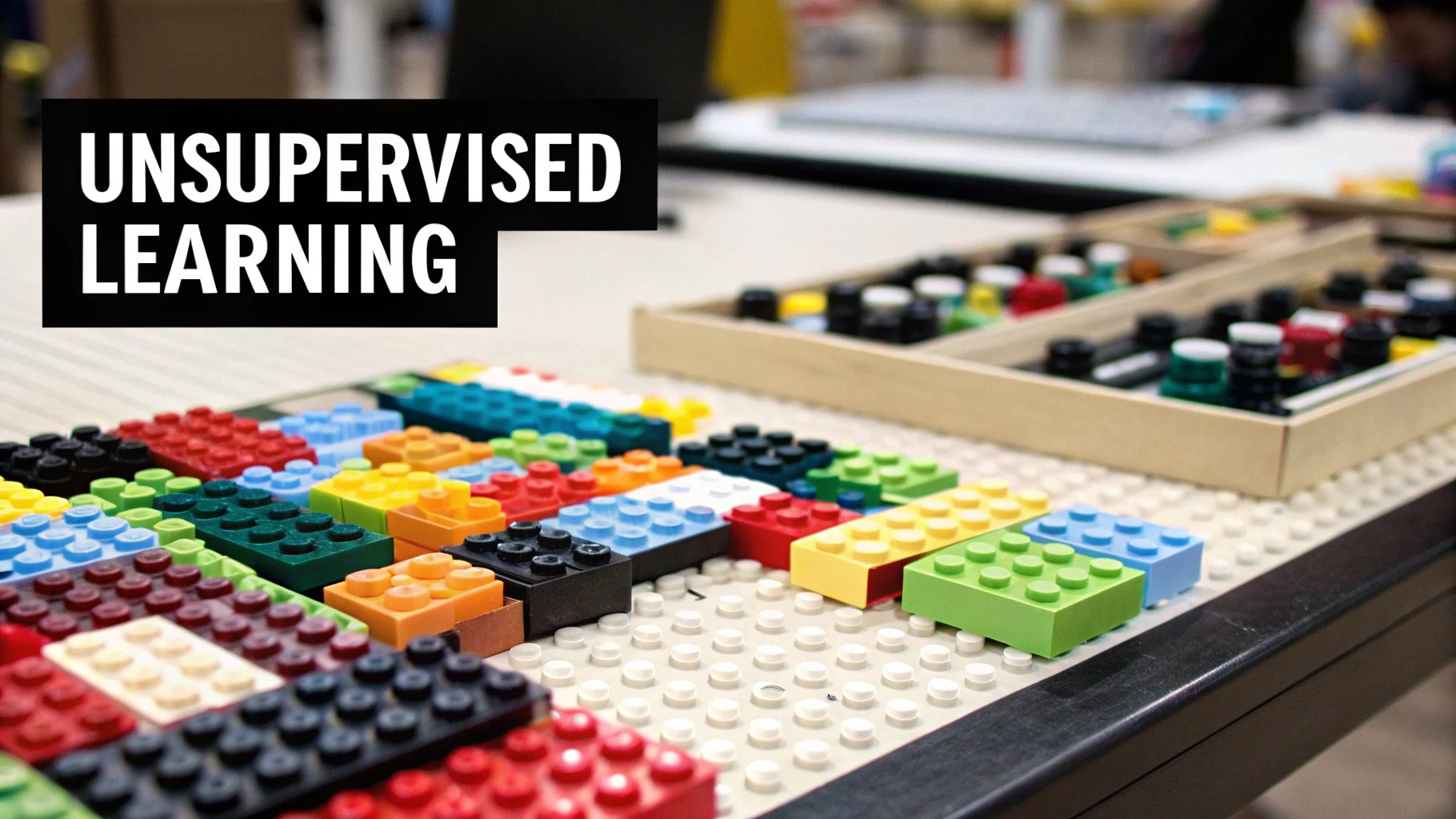 An abstract visualization of data points being grouped into clusters