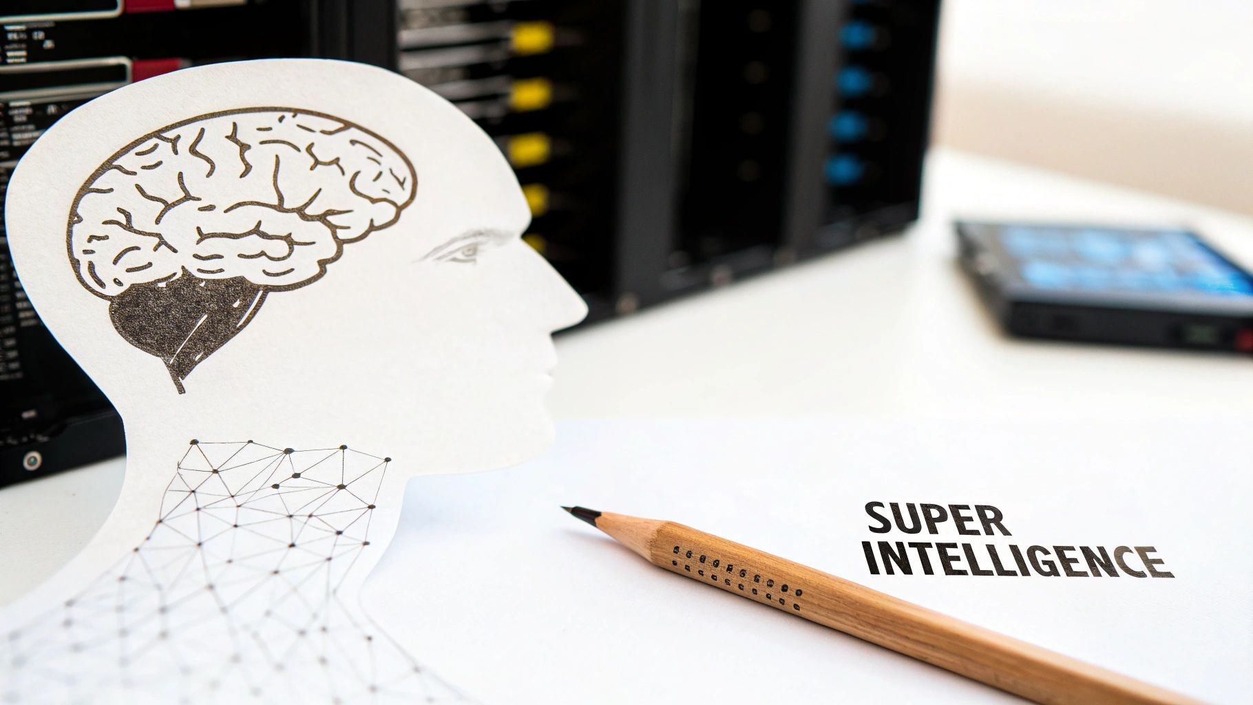 A paper cutout of a human head with a brain diagram and a network, next to 'SUPER INTELLIGENCE' text and a pencil.
