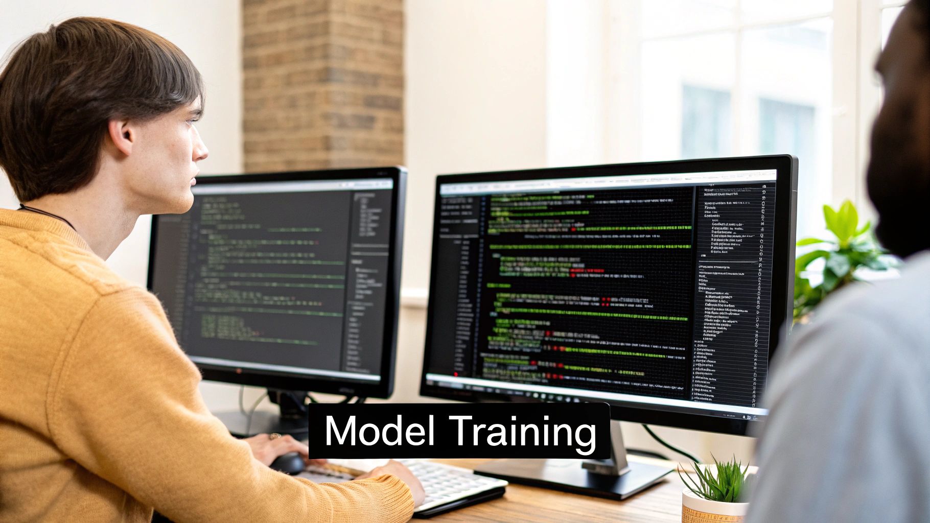 A developer working on a laptop with code on the screen, surrounded by diagrams of conversation flows.