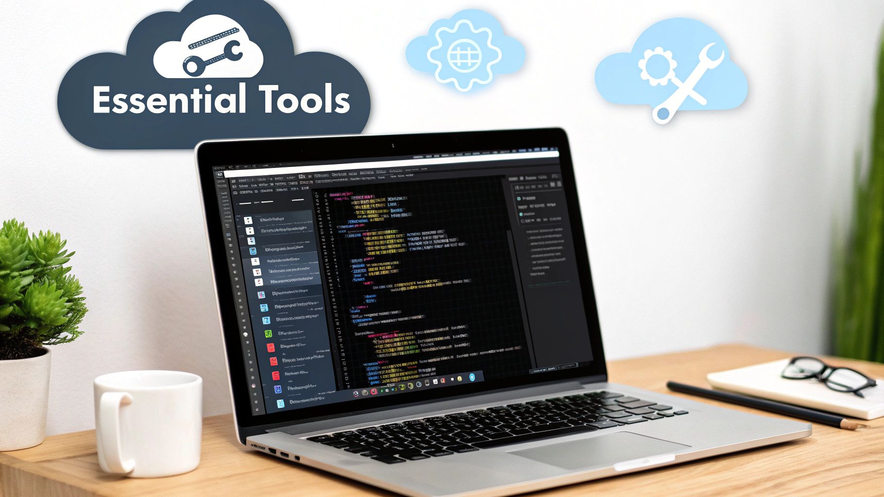 A laptop displaying code on a wooden desk, with cloud icons highlighting 'Essential Tools'.