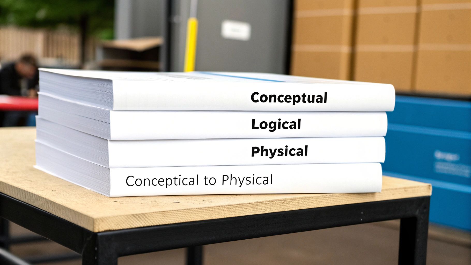 A stack of white books labeled 'Conceptual,' 'Logical,' 'Physical,' and 'Conceptual to Physical,' representing design stages.