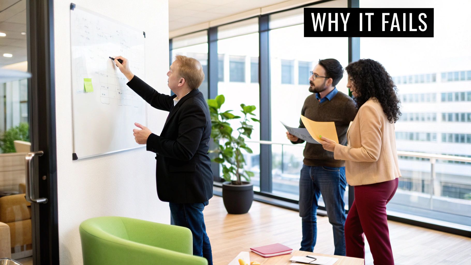 A diverse group of professionals looking at a complex diagram on a glass wall, illustrating the challenges of change management.