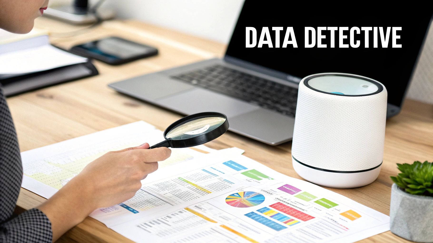 A person uses a magnifying glass to examine data reports on a desk with a laptop and smart speaker.