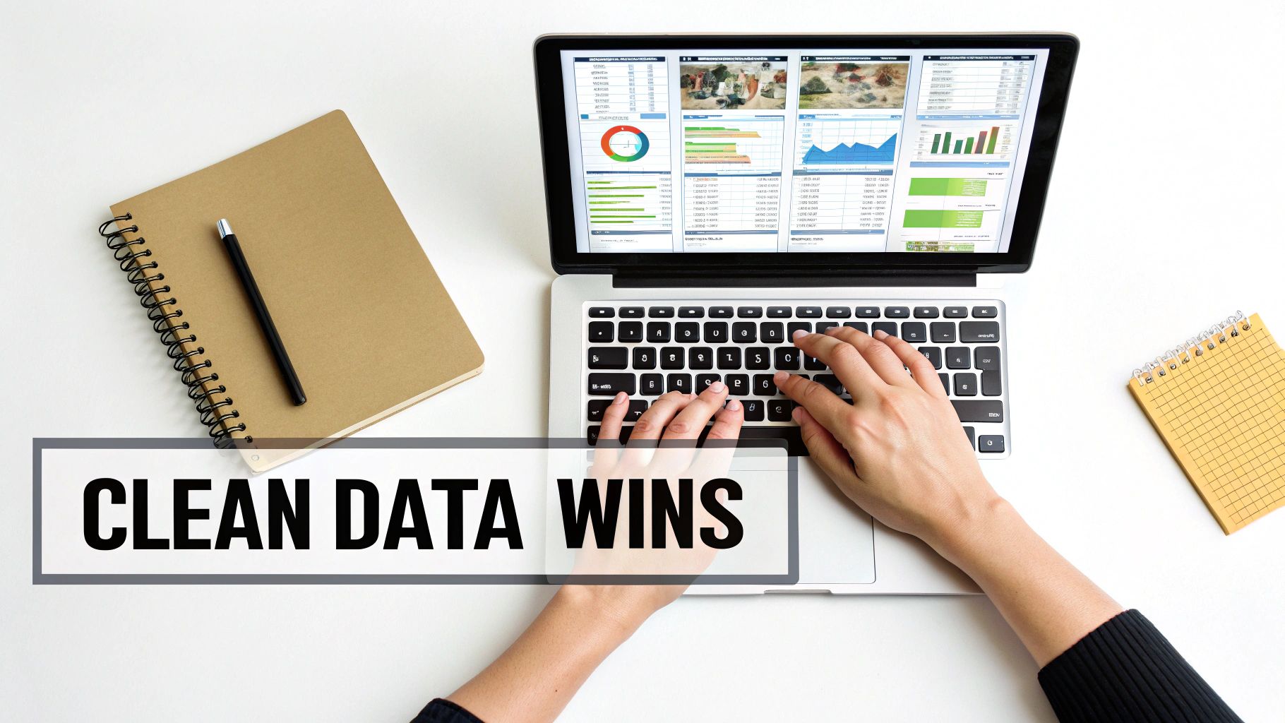 Person typing on laptop displaying data dashboards and analytics charts with notebook beside computer