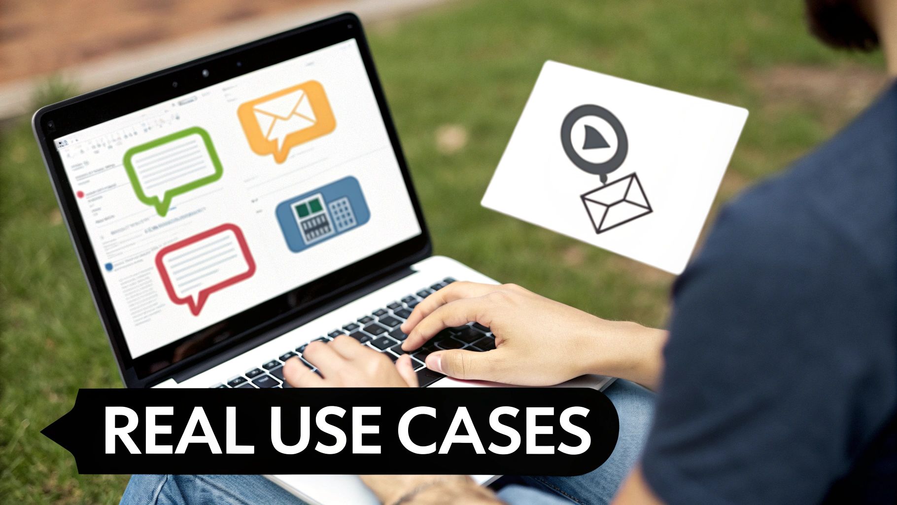 Person using a laptop outdoors, showing various communication icons and a 'Real Use Cases' banner.