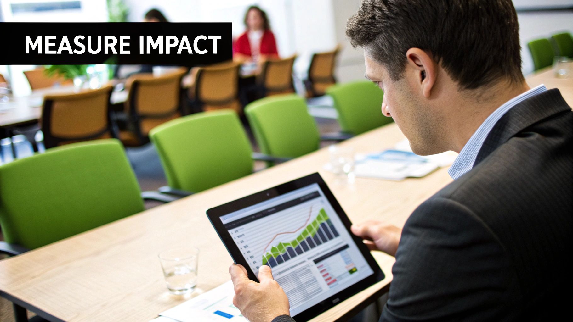 Business professional analyzing data charts and graphs on tablet measuring impact metrics