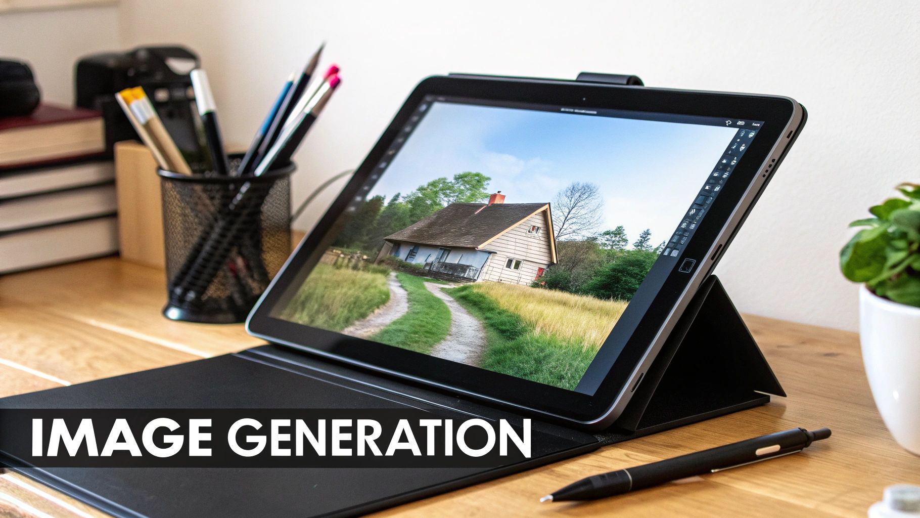 A tablet displaying an image of a rural house on a desk with office supplies and a pen.
