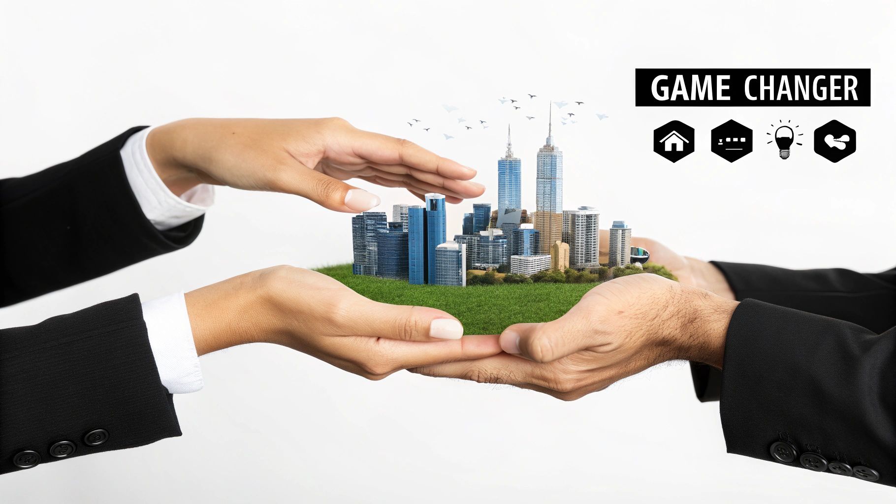 Hands nurturing a miniature smart city model with 'GAME CHANGER' text and innovation icons.