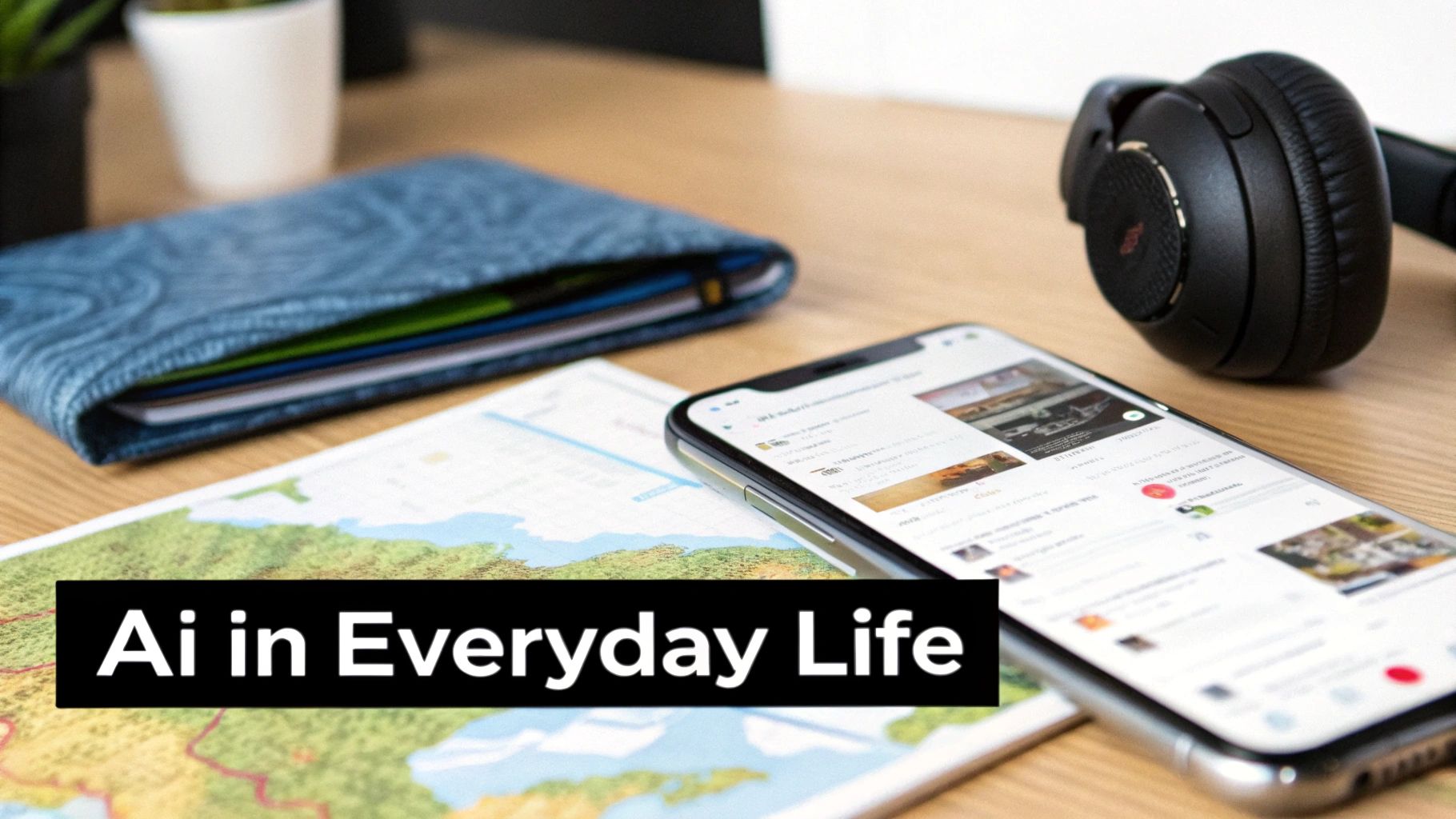 A smartphone, headphones, notebook, and map on a desk, with text 'AI in Everyday Life'.