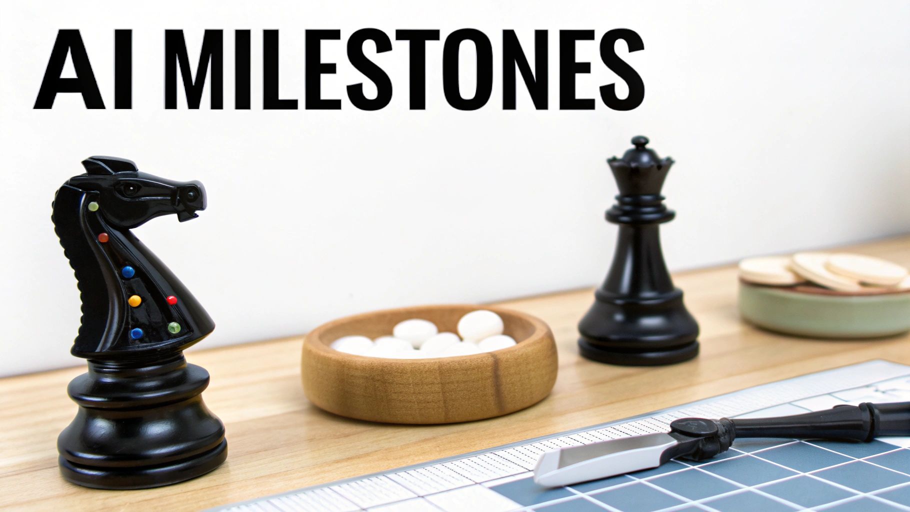 A black chess knight and queen, along with bowls of items, under 'AI MILESTONES' text.
