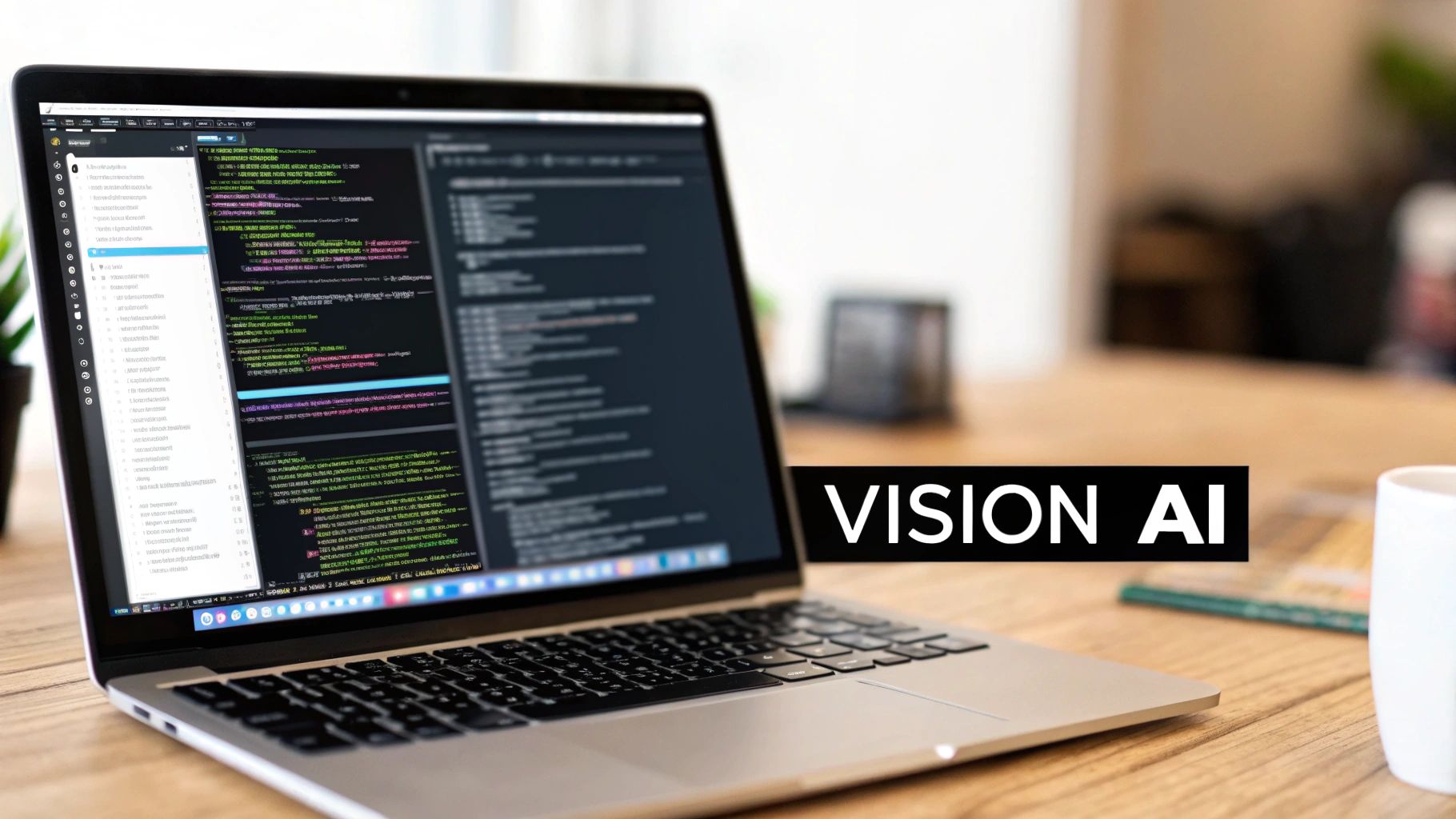 A laptop displaying code on its screen, with 'VISION AI' text on a black banner.