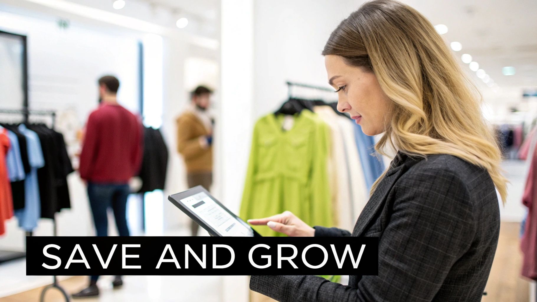 A woman uses a tablet in a modern retail store, with clothes racks and blurred customers in the background.