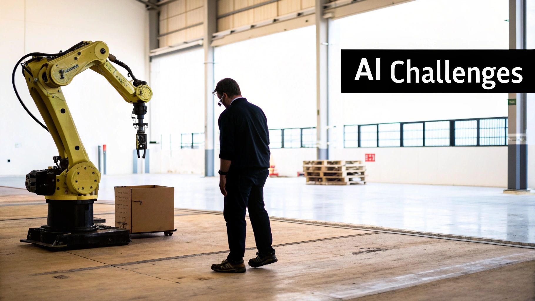 A man observes a large yellow industrial robot next to a cardboard box in a spacious warehouse, with 'AI Challenges' text.