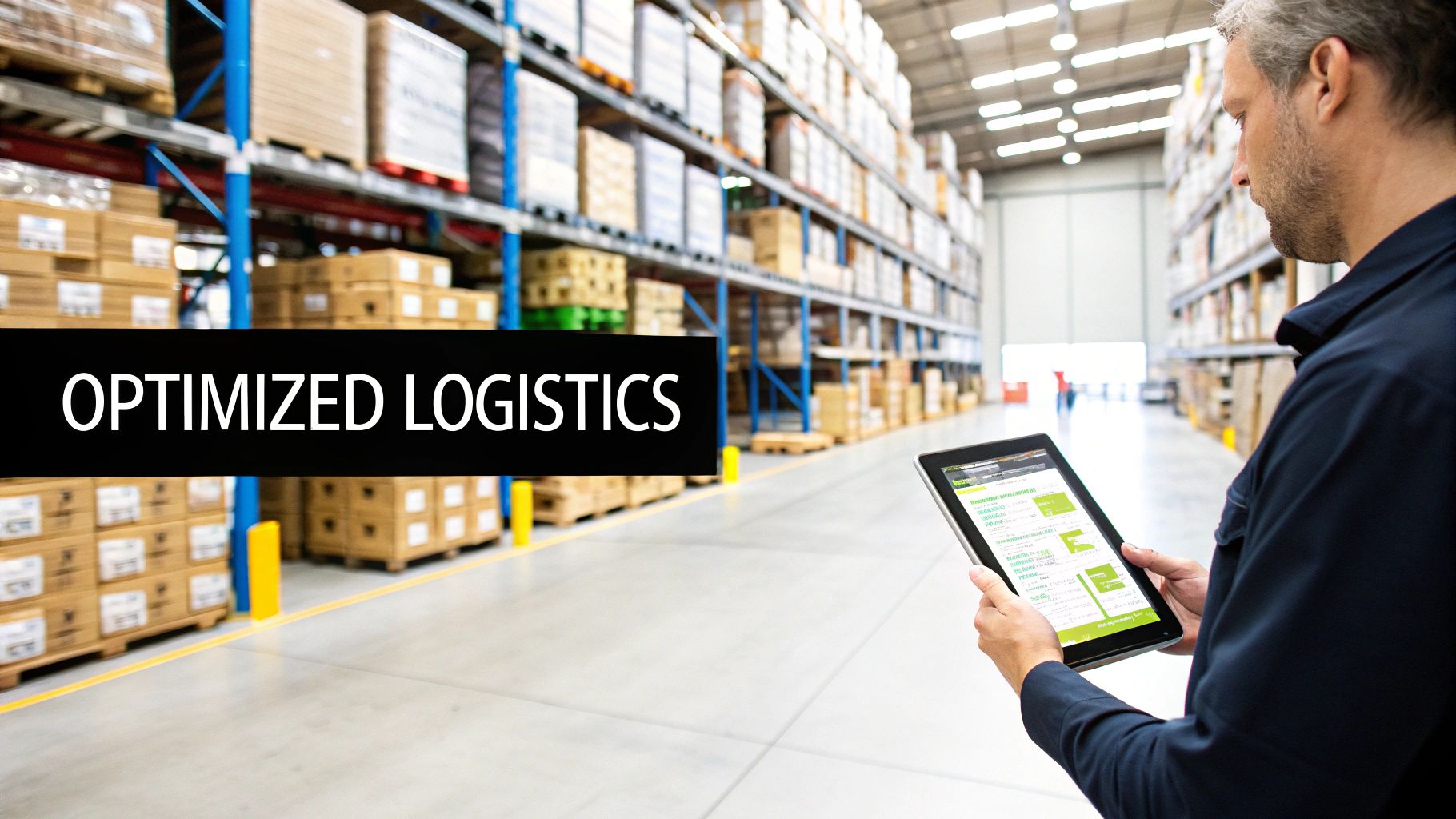 A man in a large warehouse uses a tablet to manage optimized logistics operations.