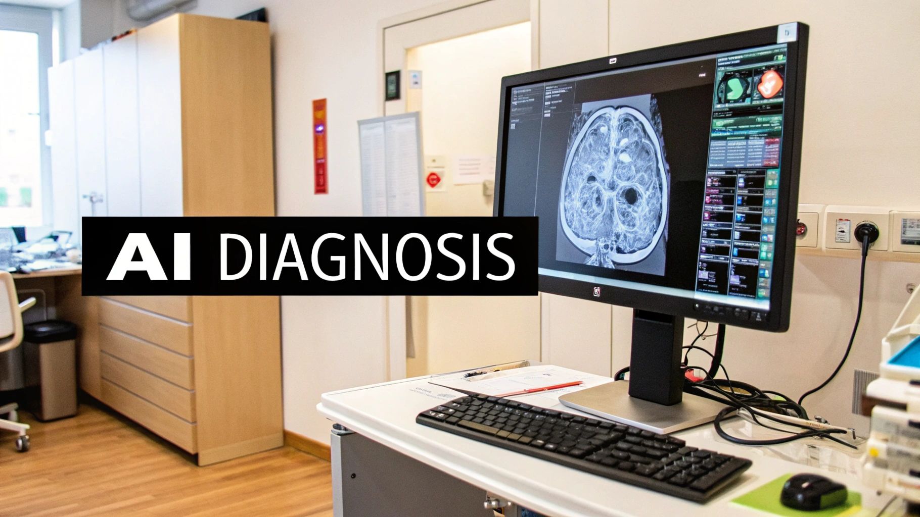 Medical monitor displaying brain MRI scan with AI diagnostic software in modern healthcare office