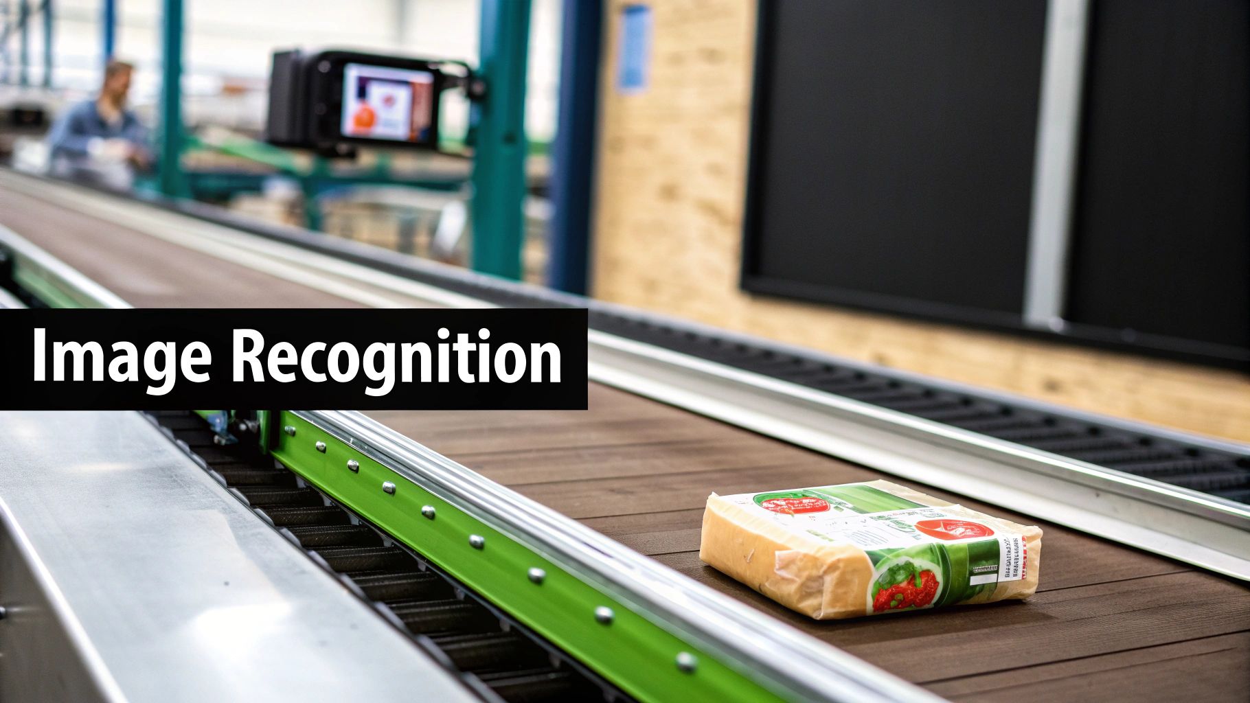A packaged food item on a conveyor belt in a facility, highlighting image recognition technology.