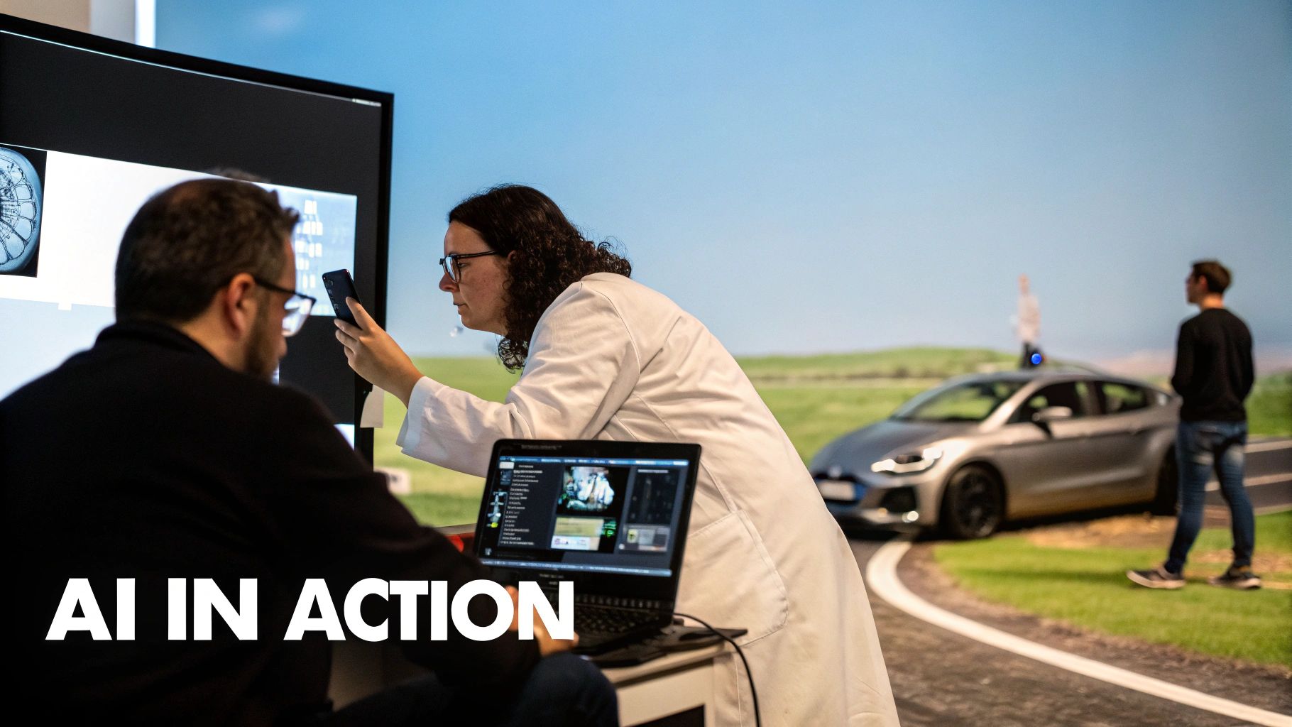 Two scientists in a lab examine AI applications on screens, with a simulated self-driving car scene behind them.