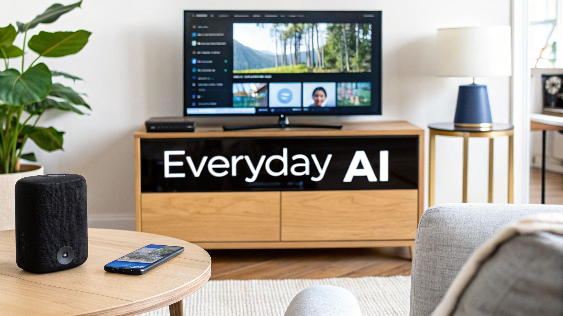 A modern living room featuring a TV displaying an AI interface, a smart speaker, and a smartphone on a coffee table.