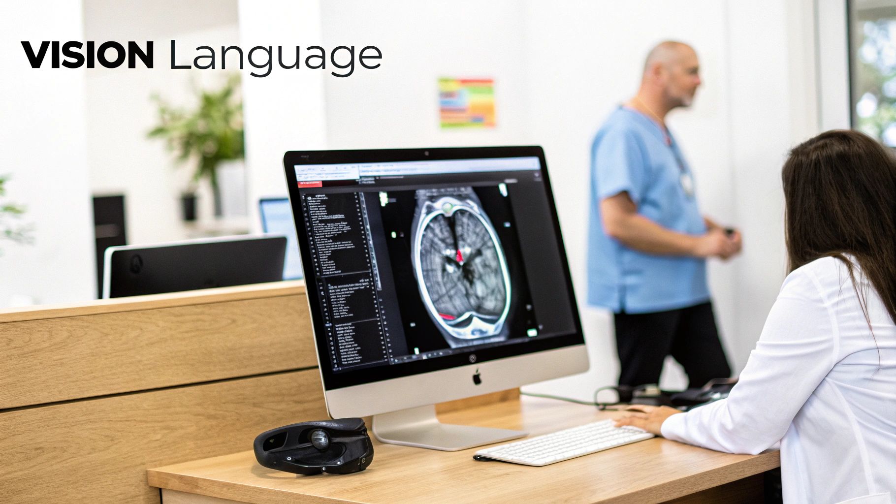 Medical professional analyzing a detailed brain scan on a computer in a clinical setting.