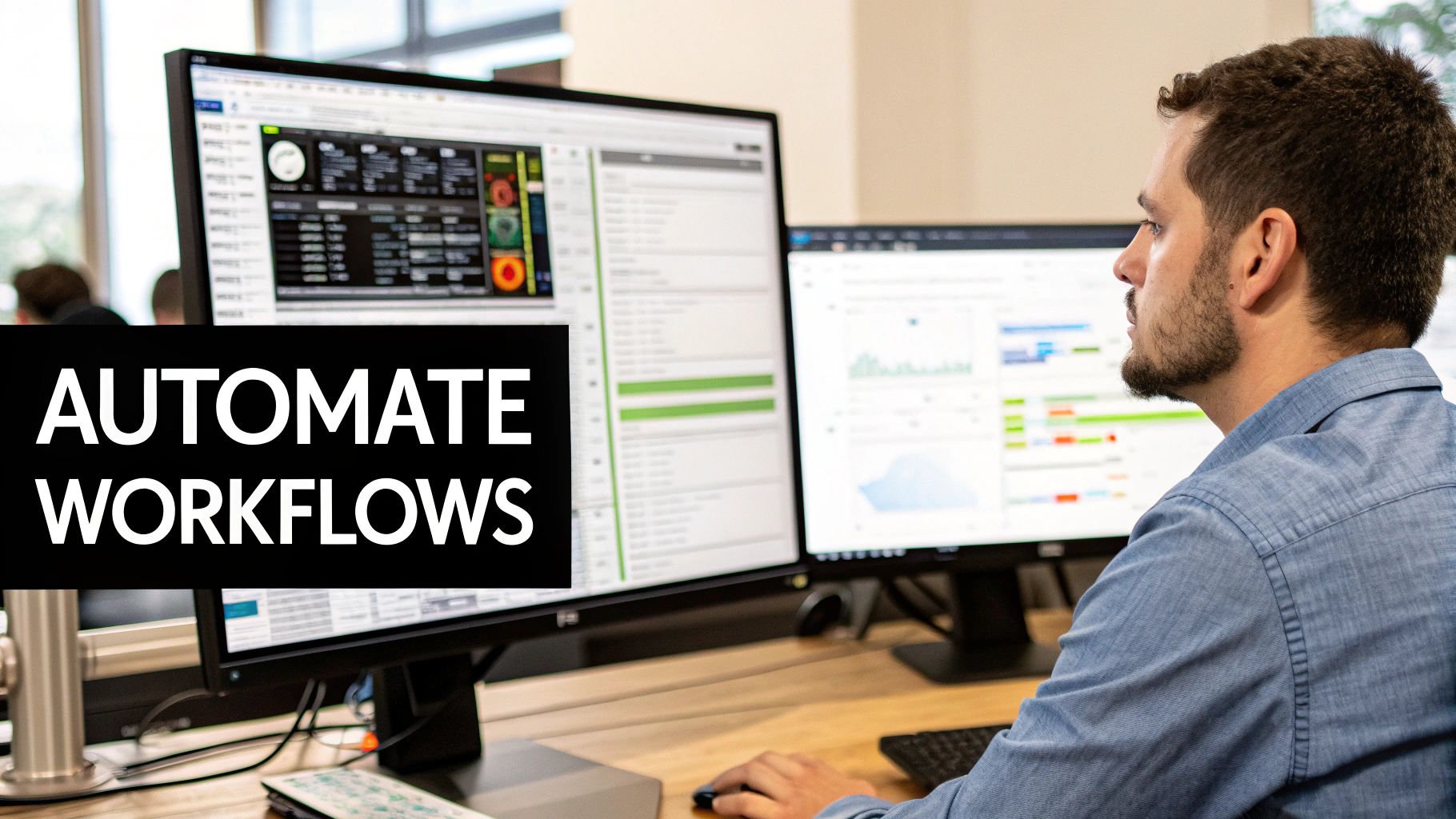 A person at a desk with multiple monitors displaying data and code, showcasing a modern tech workspace.