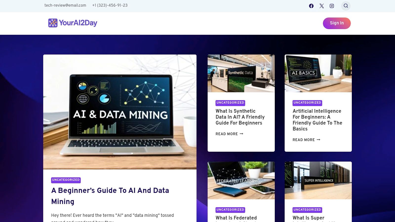 An image showcasing the YourAI2Day website, highlighting its focus on AI articles and news.