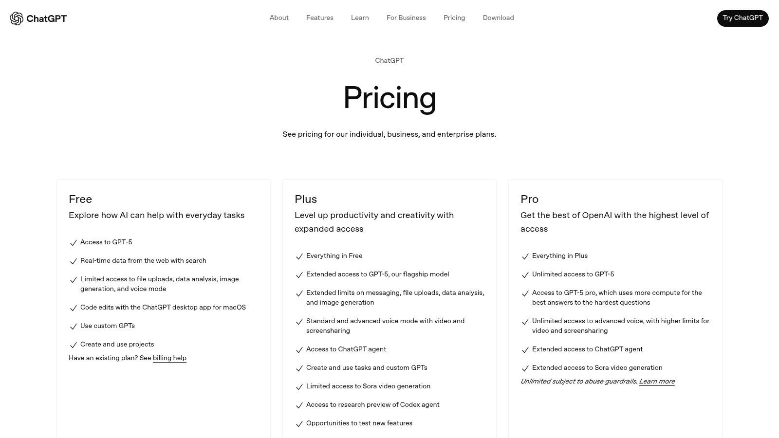 OpenAI – ChatGPT (Plus, Pro, Business, Enterprise)