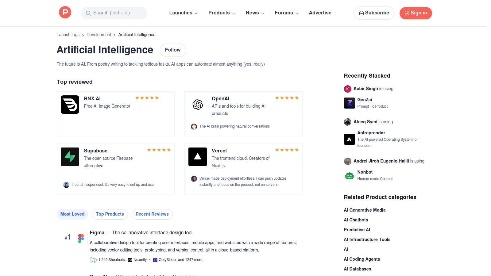 Product Hunt – Artificial Intelligence topic